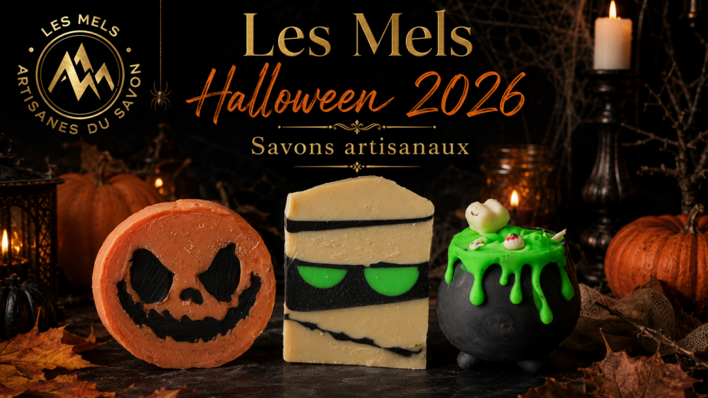 Trois savons artisanaux Les Mels Halloween 2026 : savon citrouille, savon momie et savon chaudron de sorcière, sur un décor automnal sombre